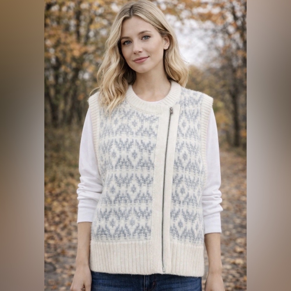 Banana Republic Italian Wool Alpaca Blend Sweater Vest White Gray XS Full Zip